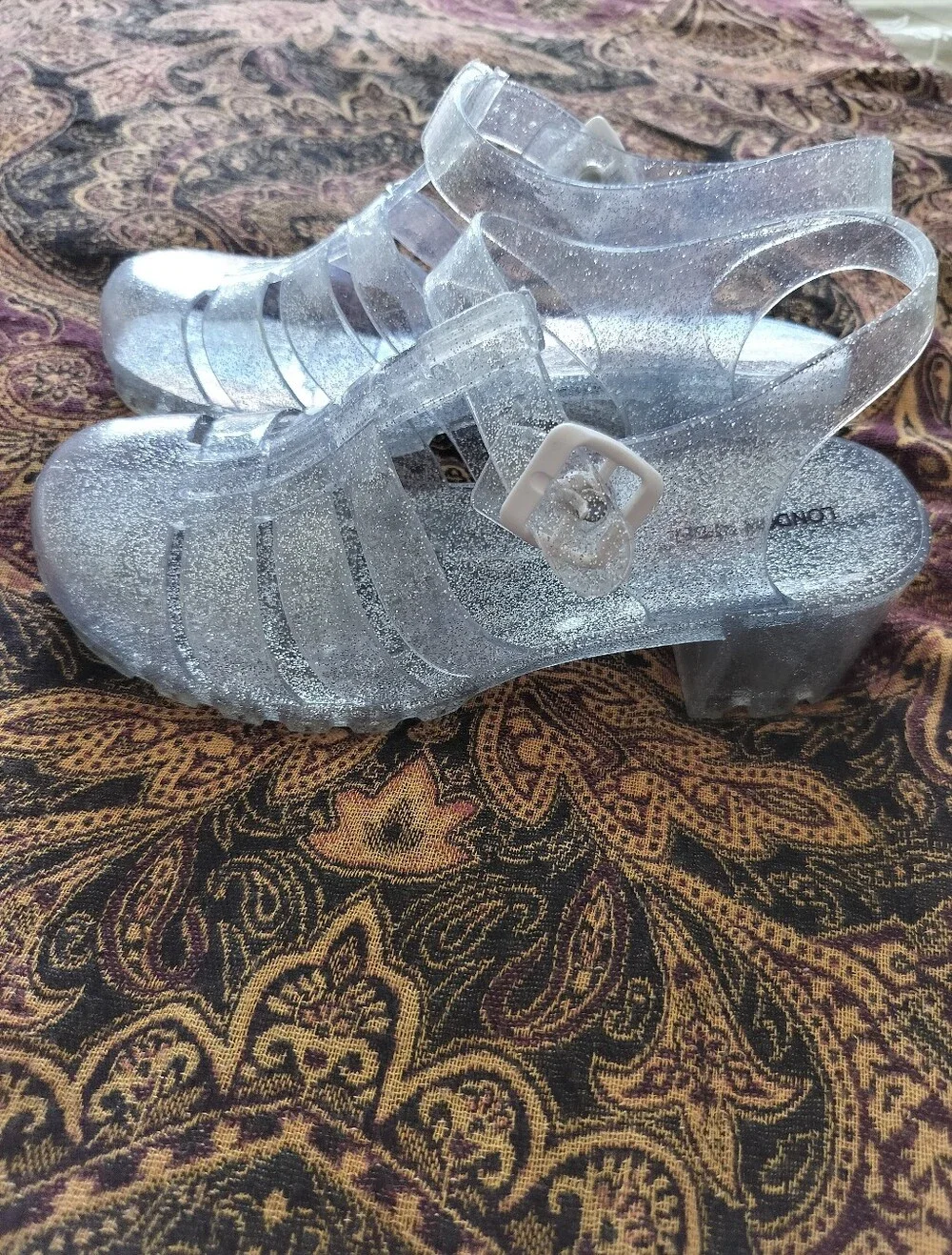 London Rebel Size 10 Clear Silver Glitter Heeled Jelly Sandals EUC - Picture 2 of 11